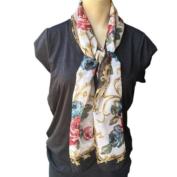 Scarves Scarf Paisley Blue Floral Roses‎ Multicolor Set Of 2 Sheer 58"x 13" - Picture 8 of 12